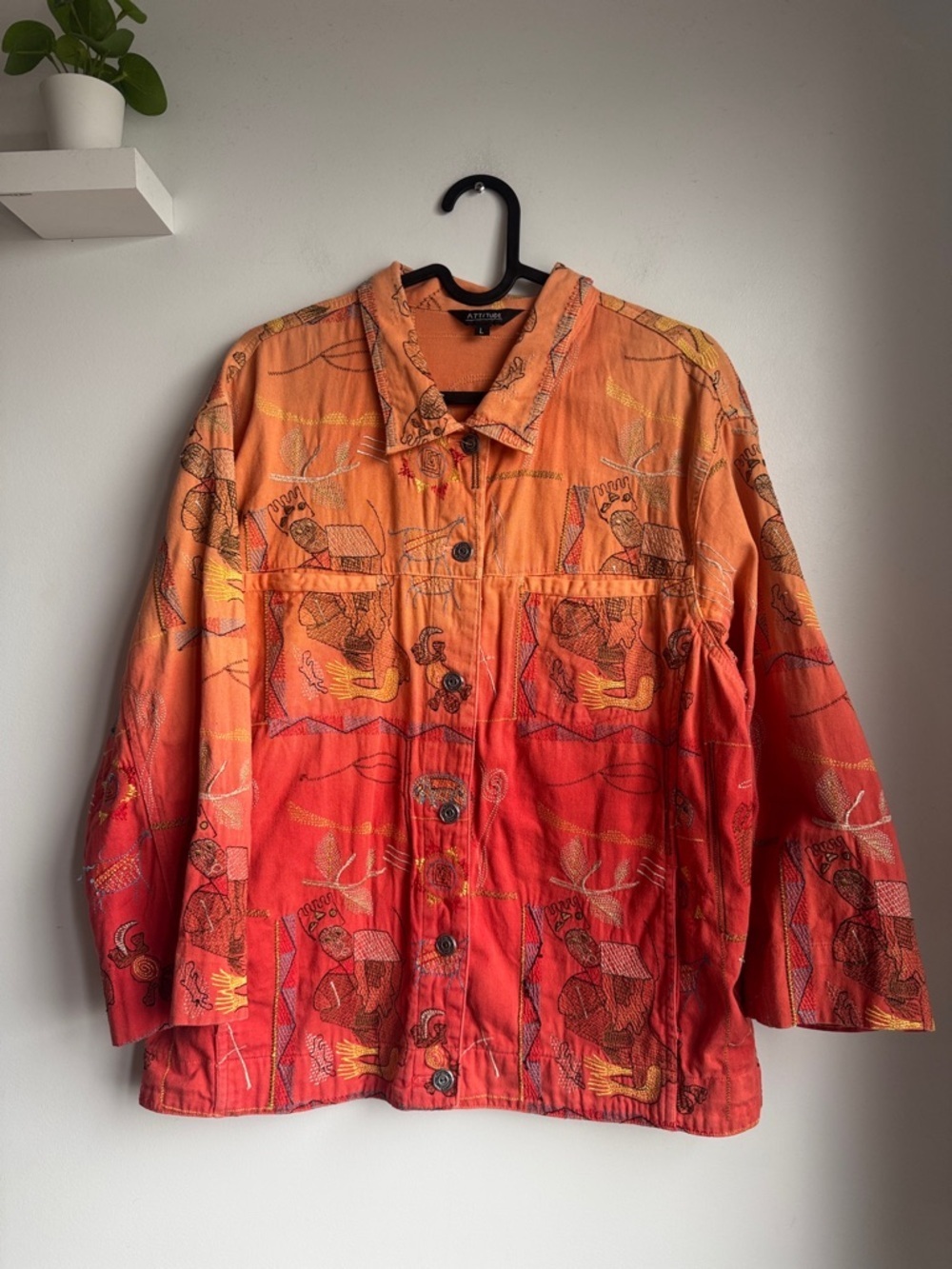 Attitude Artisan Embroidered Ombre Jacket - Orange to Red